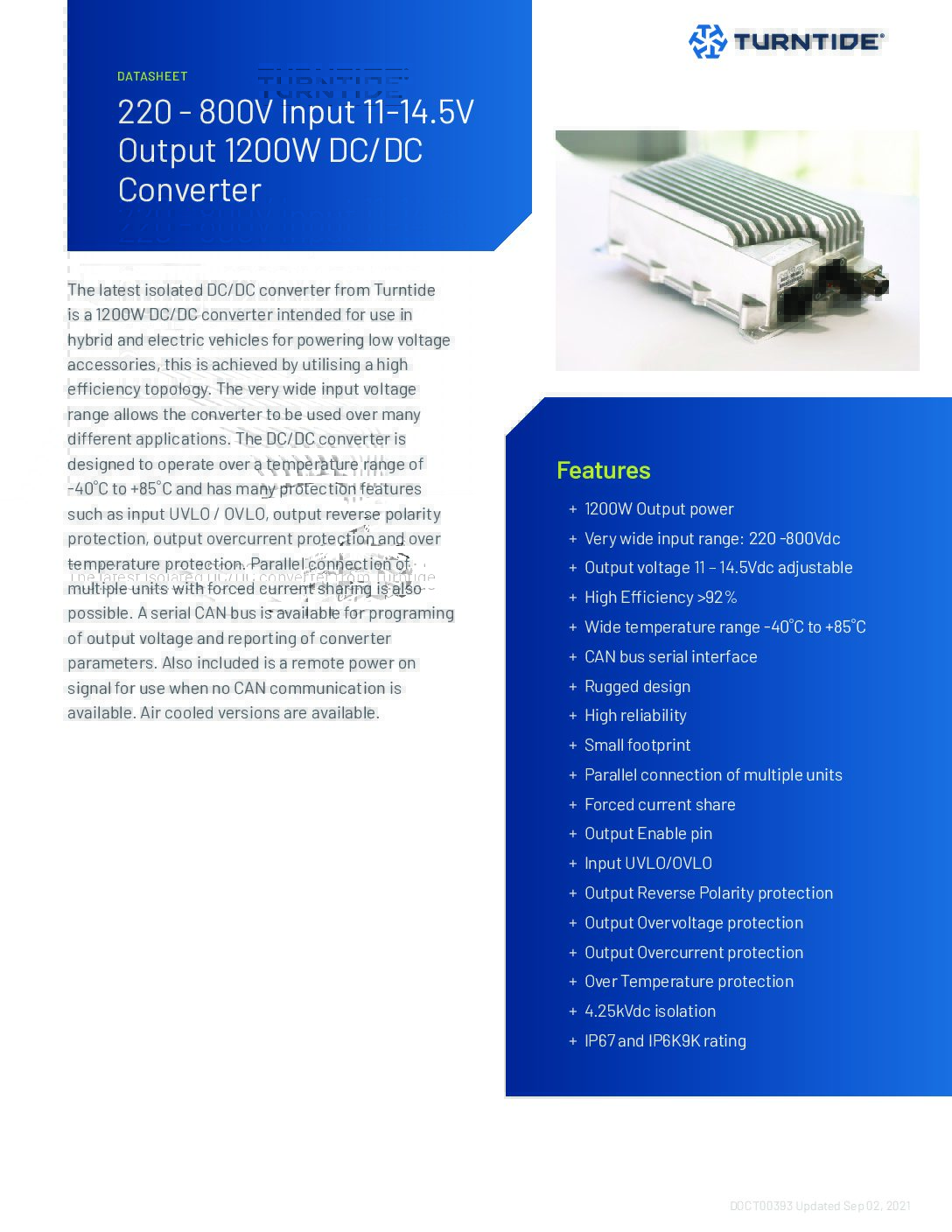 DC/DC Converter 220-800V Input 11-14.5V Output (1200W) Asset Cover