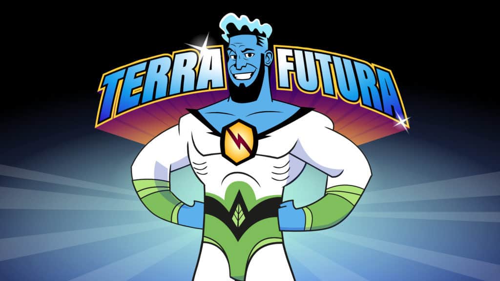 animated superhero Terra Futura standing and smiling 