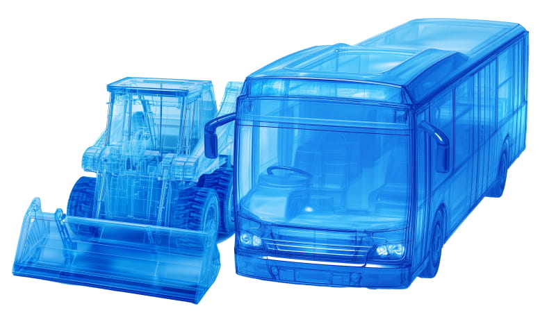 tractor and bus blue wireframe